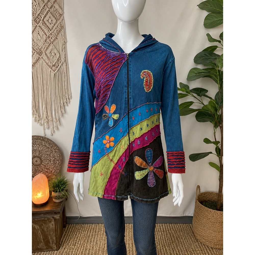 India Boutique Patchwork Hippie Boho Long Hoodie Jacket Large made in Nepal
